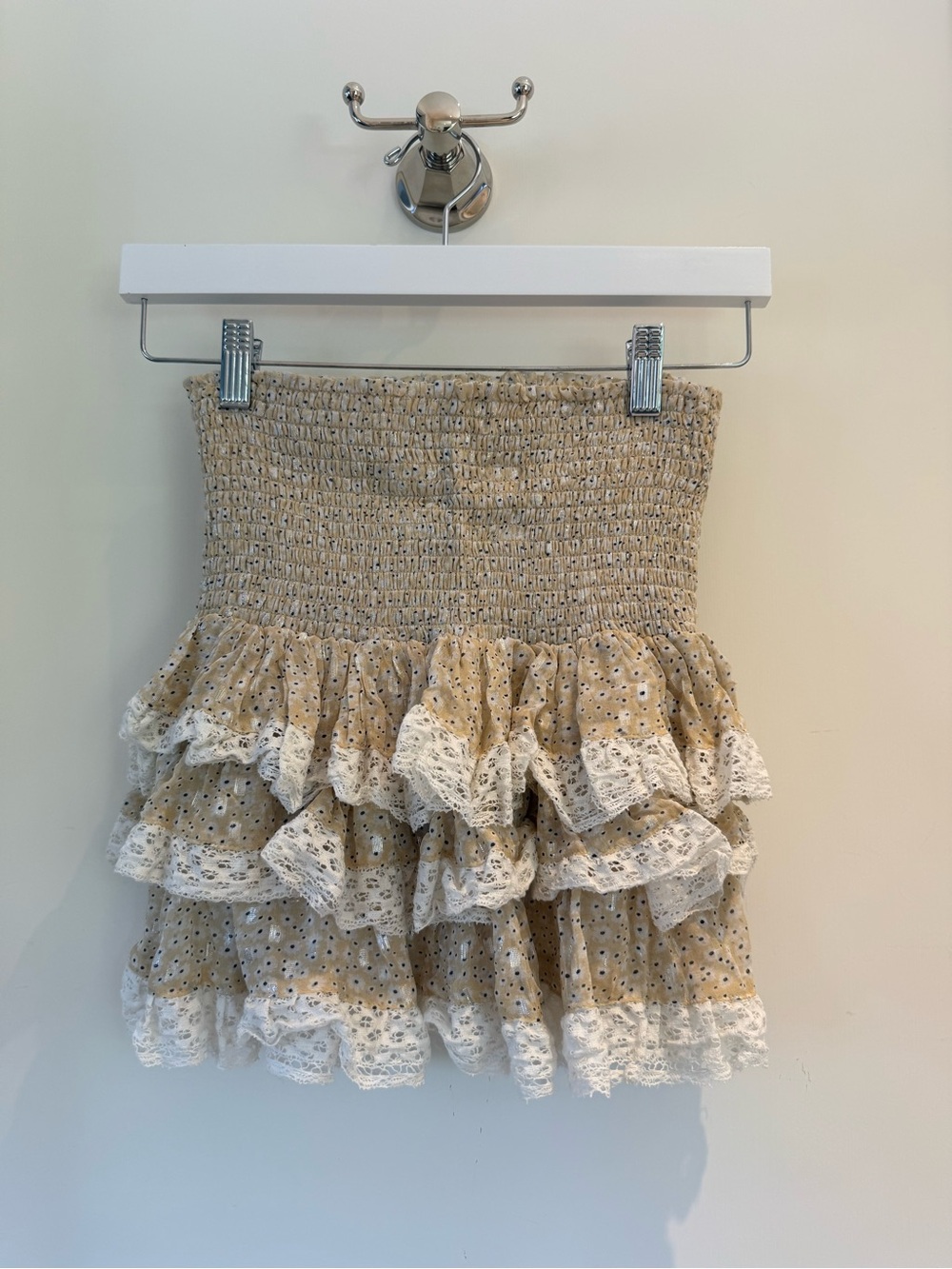 Smocked Ruffle Mini Skirt in Beige Eyelet with Lace Trim